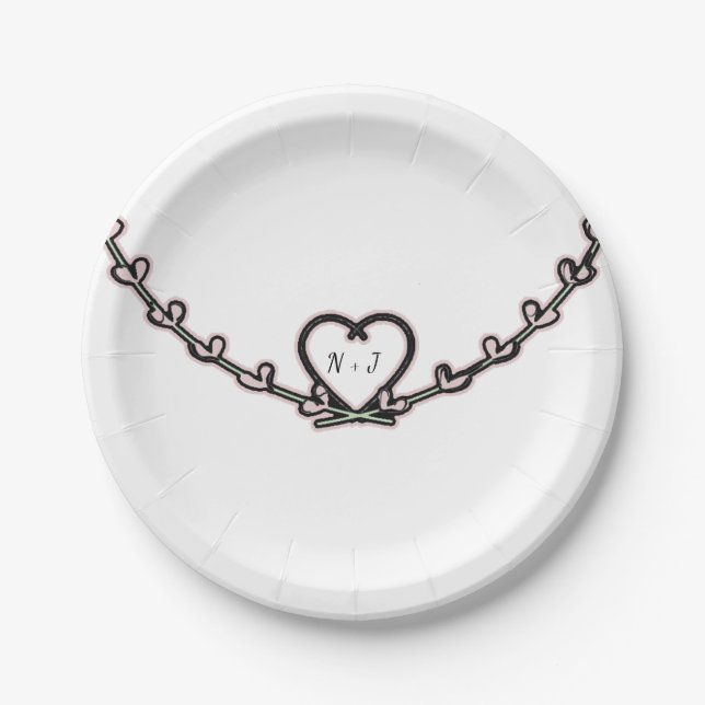 Rustic Pink Heart Vine Bridal Shower Custom Party Paper Plates (Front)