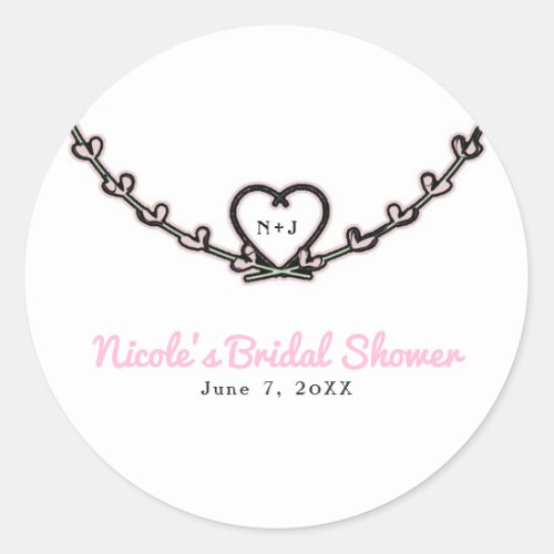 Rustic Pink Heart Vine Bridal Shower Party Favor Classic Round Sticker