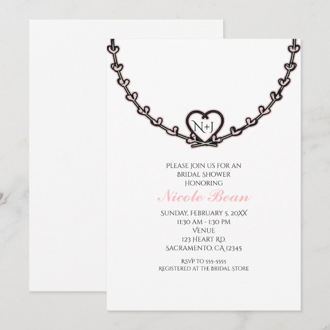 Rustic Pink Heart Vine Bridal Shower Party Invitation (Front/Back)
