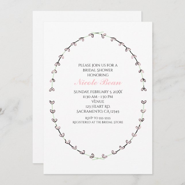 Rustic Pink Heart Vine Frame Bridal Shower Invitation (Front/Back)