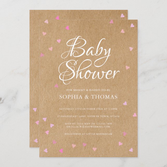 Rustic Pink Hearts Couples Baby Girl Shower Invitation (Front/Back)