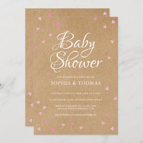 Rustic Pink Hearts Couples Baby Girl Shower Invitation