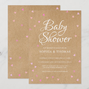 Rustic Pink Hearts Couples Baby Girl Shower Invitation