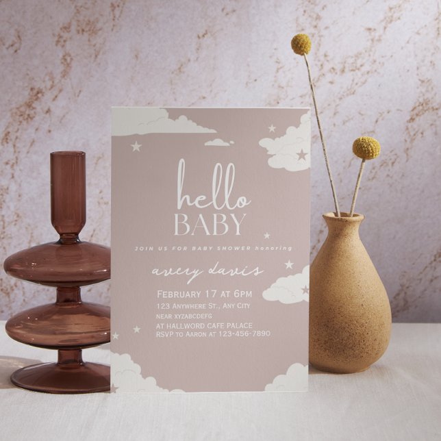 Rustic Pink hello baby cloud baby shower Invitation (Creator Uploaded)