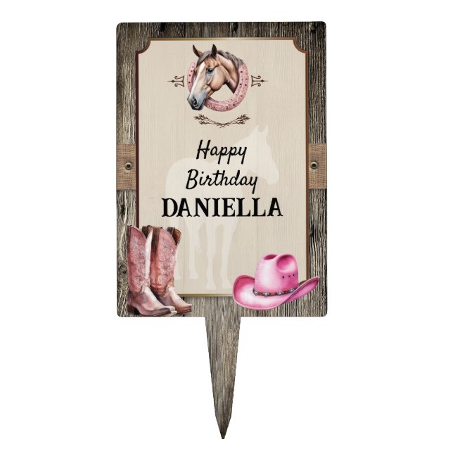 Rustic Pink Horseback Riding Birthday Party Cake Topper (Front)