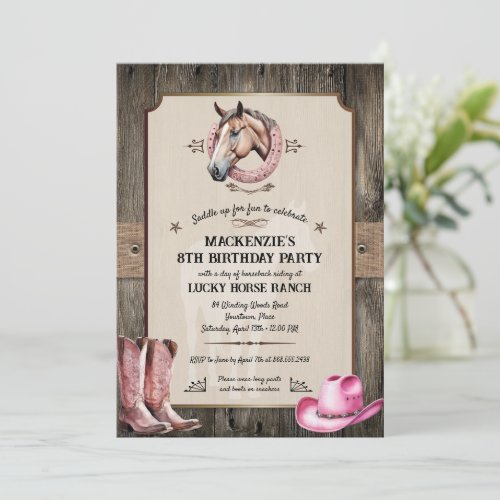 Rustic Pink Horseback Riding Birthday Party Invitation