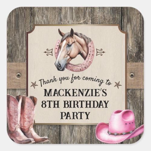 Rustic Pink Horseback Riding Birthday Party Square Sticker