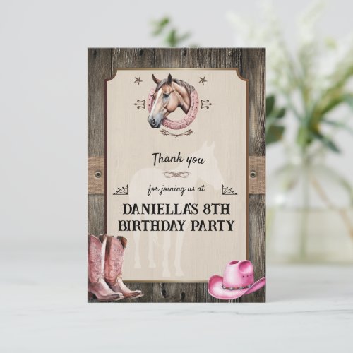 Rustic Pink Horseback Riding Birthday Party Thank You Card