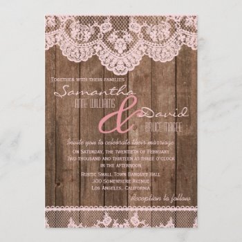 Rustic Pink Lace And Wood Wedding Invitation by prettypicture at Zazzle