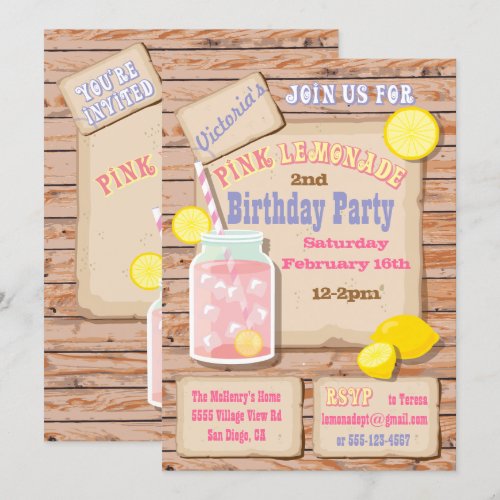 Rustic Pink Lemonade Birthday Party Invitations