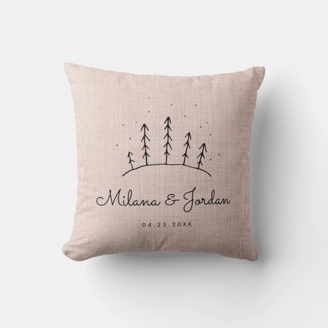 Rustic Pink Linen Custom Couple Names Modern Photo Throw Pillow (Front)