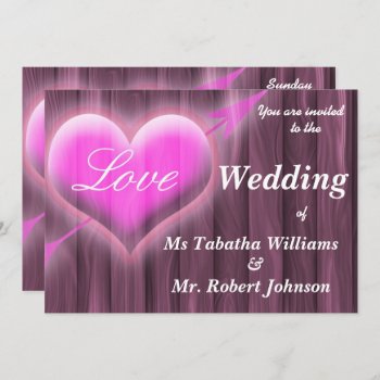 Rustic Pink Love Heart On Wood Wedding Invitation by HappyGabby at Zazzle