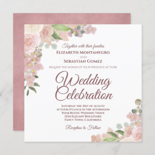 Rustic Pink Mauve & Coral Watercolor Roses Wedding Invitation