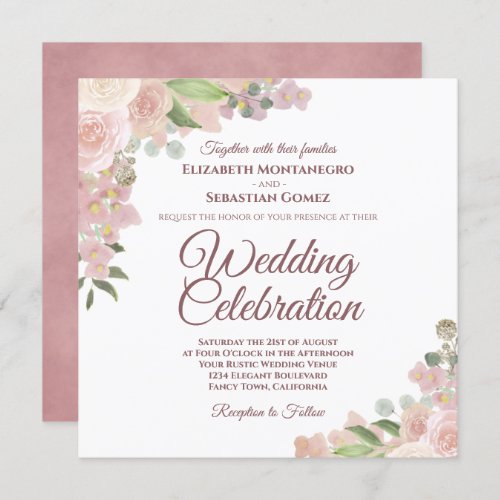 Rustic Pink Mauve  Coral Watercolor Roses Wedding Invitation