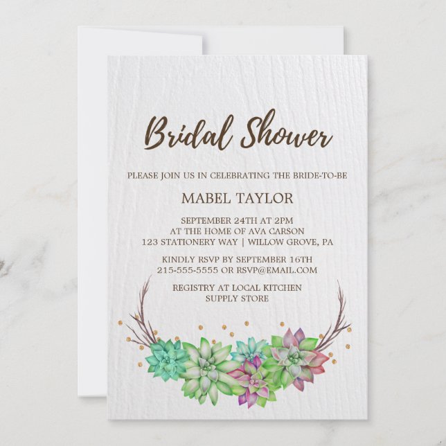 Rustic Pink & Mint Floral Succulent Bridal Shower Invitation (Front)