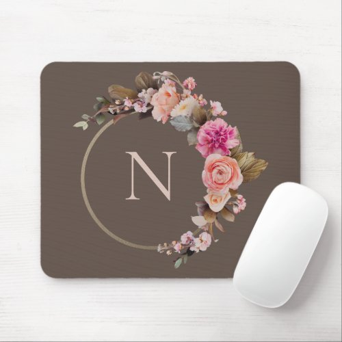Rustic Pink Monogram Floral Gold  Mouse Pad