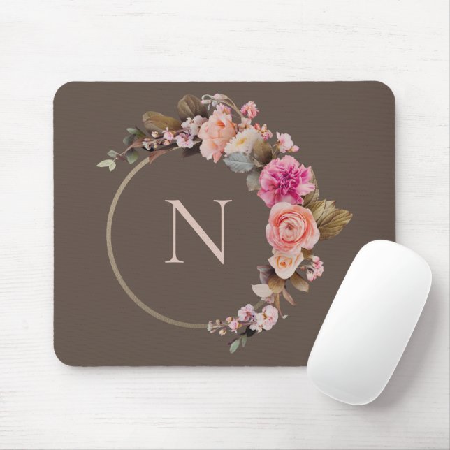 Rustic Pink Monogram Floral Gold  Mouse Pad (With Mouse)