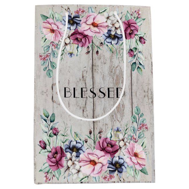 Rustic Pink & Navy Floral Barn Wood Blessed Medium Gift Bag (Front)
