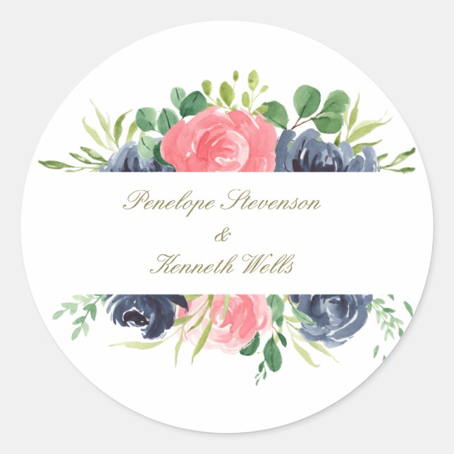 Rustic Pink Navy Rose Floral Frame Custom Wedding Classic Round Sticker (Front)