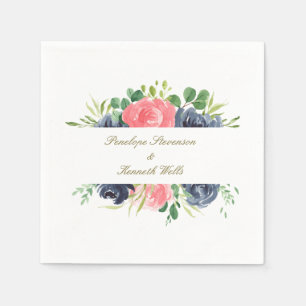 Rustic Pink Navy Rose Floral Frame Custom Wedding Napkins