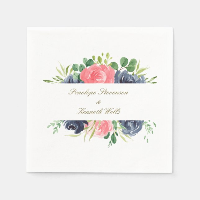 Rustic Pink Navy Rose Floral Frame Custom Wedding Napkins (Front)