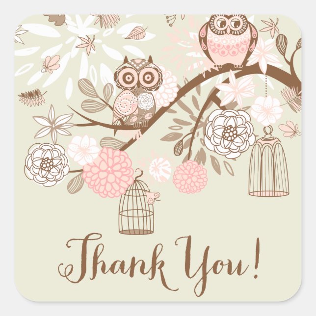 Rustic Pink Owls and Birdcages Thank You Sticker (Front)