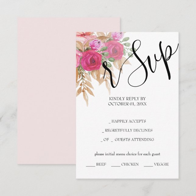 Rustic Pink Pampas Watercolor Hand-painted RSVP Card (Front/Back)