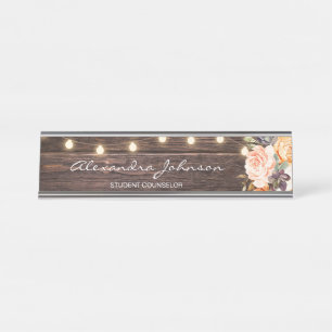 Rustic Pink & Peach Floral Wood Lights & Title Desk Name Plate