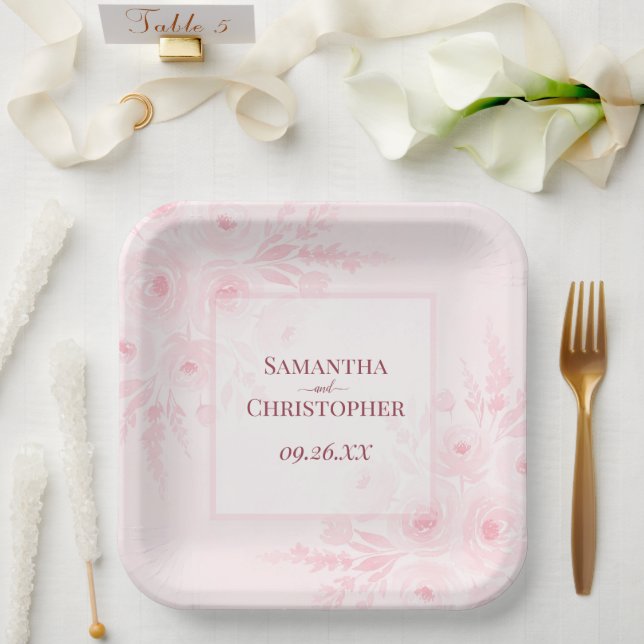 Rustic Pink Peonies Elegant Boho Wedding Paper Plates (Wedding)