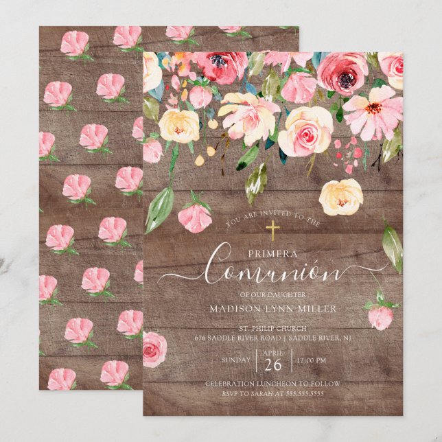 Rustic Pink Peonies Floral Spanish First Communion Invitation (Front/Back)