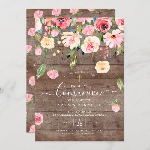 Rustic Pink Peonies Floral Spanish First Communion Invitation