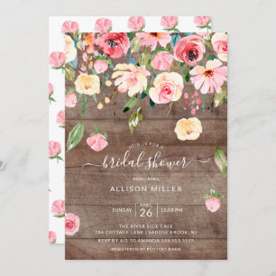 Rustic Pink Peonies Rose Floral Bridal Shower Invitation