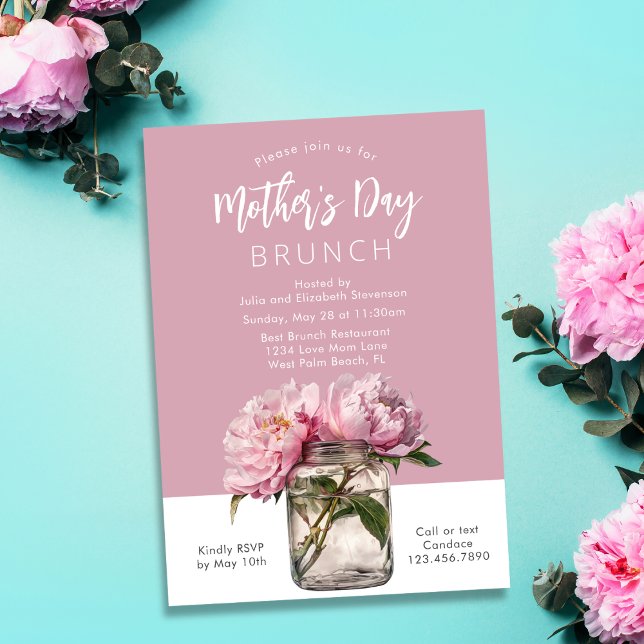 Rustic Pink Peonies Script Mother's Day Brunch Invitation (Creator Uploaded)