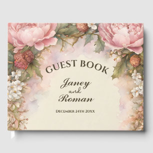 Rustic Pink Peonies Vintage Wedding Guest Book