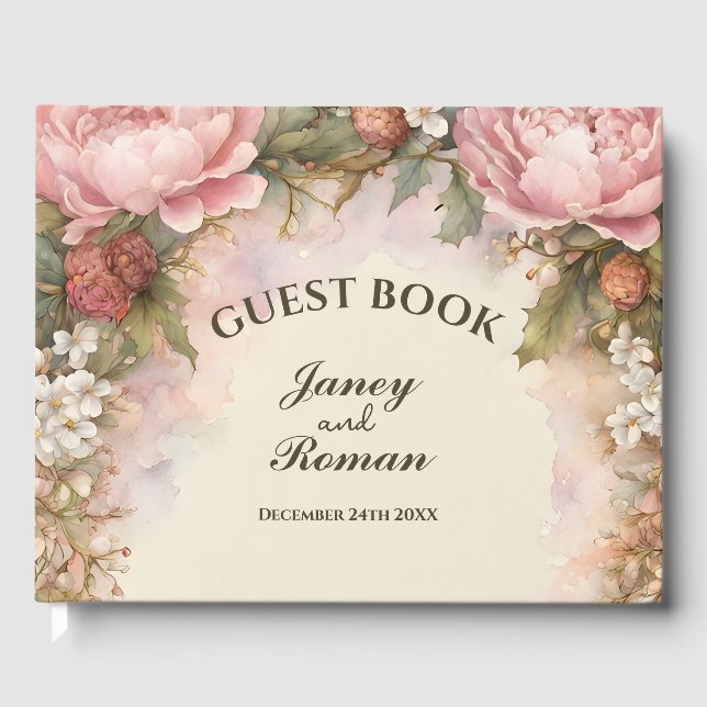 Rustic Pink Peonies Vintage Wedding Guest Book (Front)