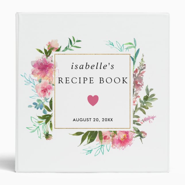Rustic Pink Peony Floral Bridal Shower Recipe Book 3 Ring Binder (Front)