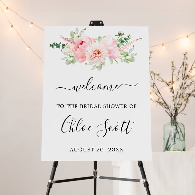 Rustic Pink Peony Floral Bridal Shower Welcome Foam Board (In Situ (Stand))