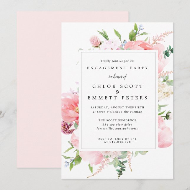 Rustic Pink Peony Floral Engagement Party Invitation (Front/Back)