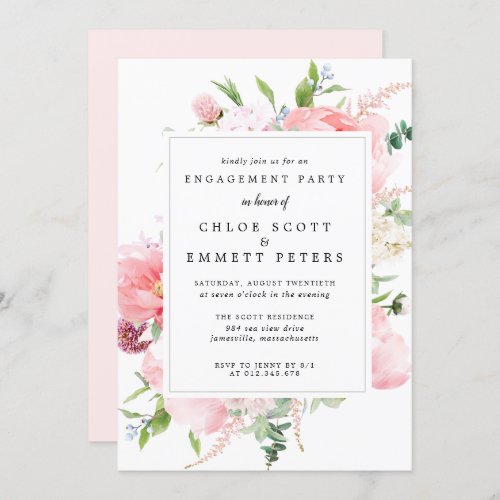 Rustic Pink Peony Floral Engagement Party Invitation