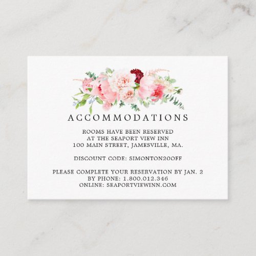Rustic Pink Peony Floral Wedding Accommodation Enclosure Card