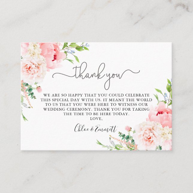 Rustic Pink Peony Floral Wedding Thank You Place Card (Front)