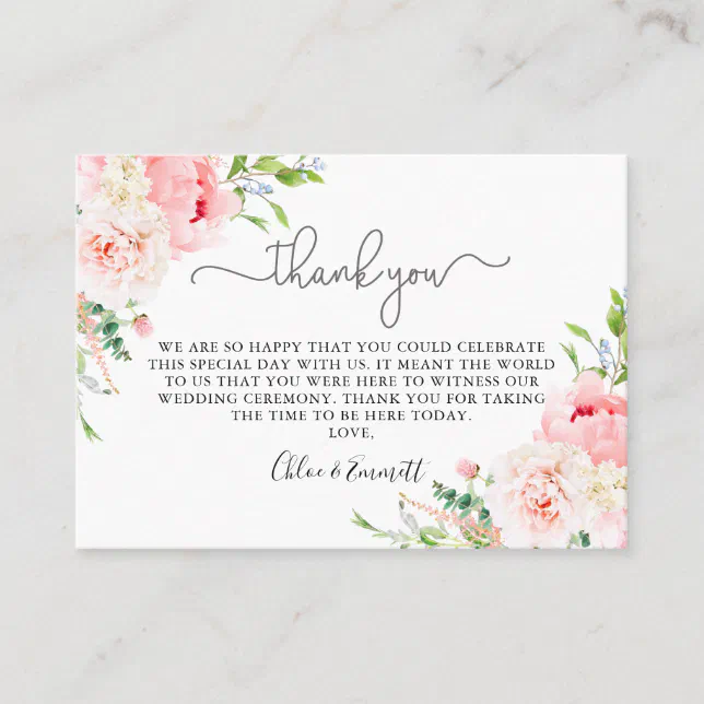 Rustic Pink Peony Floral Wedding Thank You Place Card | Zazzle