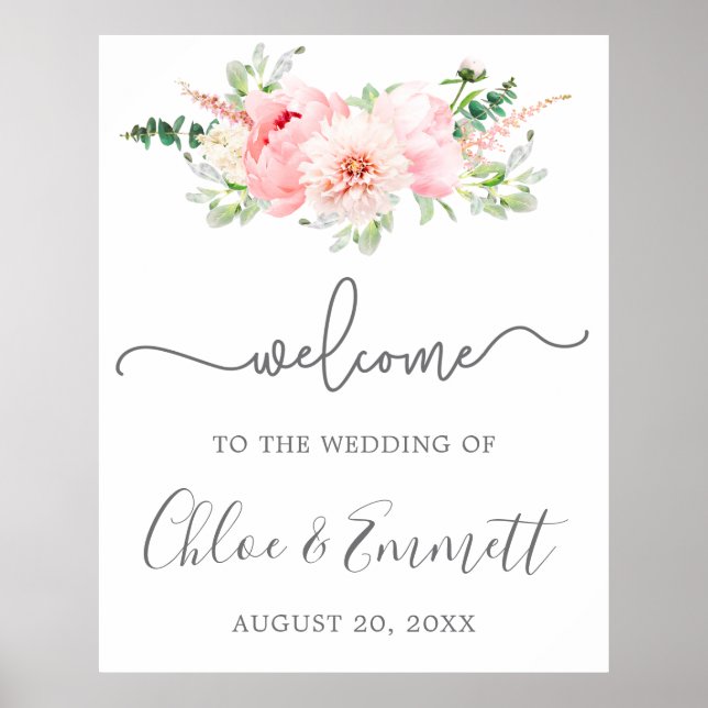 Rustic Pink Peony Floral Wedding Welcome Sign (Front)