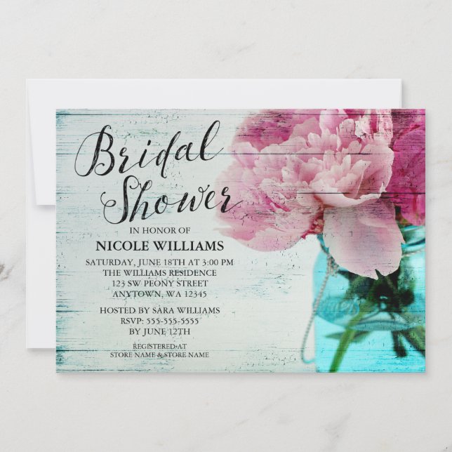 Rustic Pink Peony Mason Jar Bridal Shower Invitation (Front)