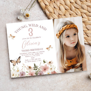 Rustic Pink Photo Wildflowers 3rd Birthday Invitation