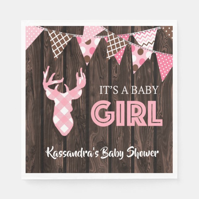Rustic Pink Plaid Deer Baby Shower Lunch Napkin (Front)