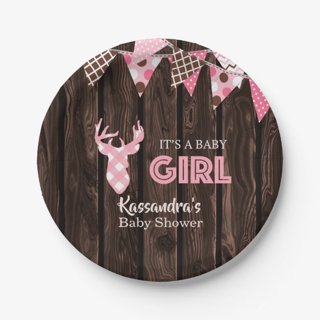 Rustic Pink Plaid Deer Baby Shower Paper Plates (Front)