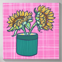 Rustic Pink Plaid Yellow Sunflower in Vase