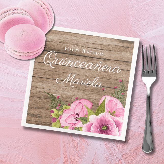 Rustic Pink Poppies Quinceañera Paper Dinner Napkins (Creator Uploaded)