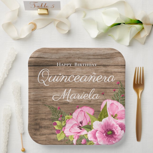 Rustic Pink Poppies Quinceañera Paper Plates (Wedding)